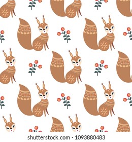 Decorative seamless pattern in folk style with squirrel. Colorful vector background.