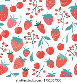 Decorative seamless pattern with fruits, strawberries, cherries and currants, white background