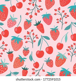 Decorative seamless pattern with fruits, strawberries, cherries and currants