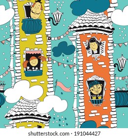 Decorative seamless pattern with funny houses.