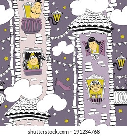 Decorative seamless pattern with funny houses.