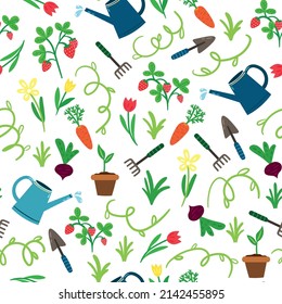 Decorative seamless pattern with garden tools. Gardening seamless pattern