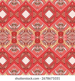 Decorative seamless pattern with geometric and floral details in pink hues, ideal for textiles, wallpapers, or fashion-inspired backgrounds.