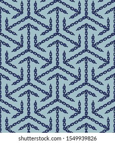 Decorative seamless pattern with geometric ornament. Dark blue chain arrow shapes isolated on cyan background. Vector endless texture for digital paper, fabric, backdrop or wrapping