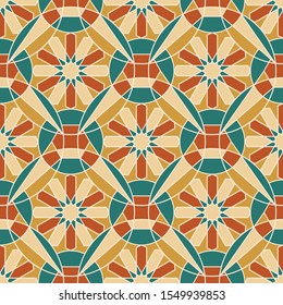 Decorative seamless pattern with geometric ornament. Colorful circle and floral shapes in bysantine style. Vector endless texture for digital paper, fabric, backdrop or wrapping