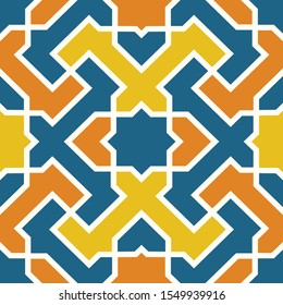 Decorative seamless pattern with geometric ornament. Orange and yellow shapes in moorish style on blue background. Vector endless texture for digital paper, fabric, backdrop or wrapping