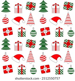 Decorative seamless pattern with gifts and Christmas decorations, vector illustration on white background, textile print, wallpaper, wrapping paper. 