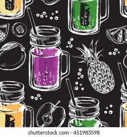 Decorative seamless pattern with glass mason jar with straw and fruits.