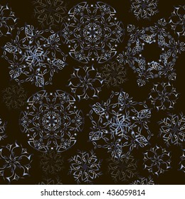 Decorative seamless pattern of golden snowflakes on a black background.
Background of snowflakes can be used for textiles, wrapping paper, background for web.