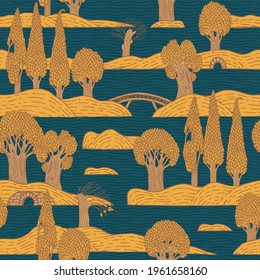 Decorative seamless pattern with golden trees, islands and bridges on the backdrop of dark blue water. Cartoon vector hand-drawn background in retro style. Childish wallpaper, wrapping paper, fabric