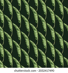 Decorative seamless pattern with green banana leaves shapes print. Black background. Doodle backdrop. Flat vector print for textile, fabric, giftwrap, wallpapers. Endless illustration.