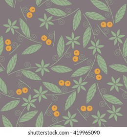 Decorative seamless pattern with green flowers, leaves and orange berries can be used for linen, tile design fabric, textile and more creative designs.