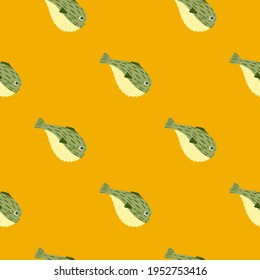 Decorative seamless pattern with green fugu fish silhouettes print. Bright orange background. Perfect for fabric design, textile print, wrapping, cover. Vector illustration.