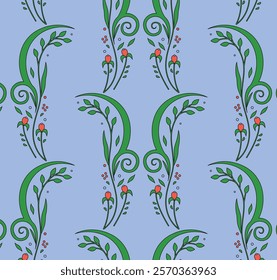 Decorative Seamless Pattern of Green Leaves, Red Berries, and Swirling Motifs on Blue Background. Ideal for Textile, Wrapping Paper, Poster, Wallpaper. Vector Flat Style Illustration.