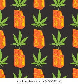 Decorative seamless pattern with green marijuana leaves and old orange camera on black background, wrapping paper. vector illustration