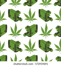 Decorative seamless pattern with green marijuana leaves and old camera isolated on white, wrapping paper. vector illustration