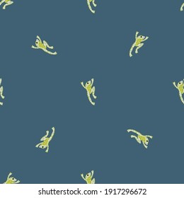 Decorative seamless pattern with green minimalistic froggy print. Pale navy blue background. Doodle style. Stock illustration. Vector design for textile, fabric, giftwrap, wallpapers.