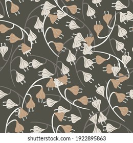 Decorative seamless pattern with grey and beige colored bell flowers shapes. Brown background. Vector illustration for seasonal textile prints, fabric, banners, backdrops and wallpapers.