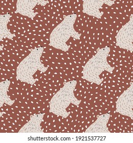 Decorative seamless pattern with grey polar bear silhouettes ornament. Brown dotted background. Perfect for fabric design, textile print, wrapping, cover. Vector illustration.