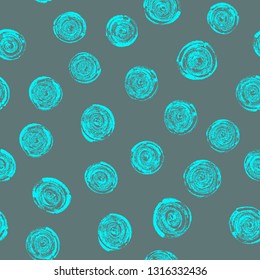 Decorative seamless pattern with hand drawn ring. Hand painted circle in turquoise colours. Seamless abstract pattern. Stylish vector seamless pattern with small chaotic blue ring on gray backdrop. 