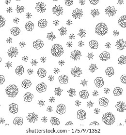 Decorative seamless pattern with hand drawn flower shapes. Hand painted grungy ink doodles in black and white colors. Trendy endless texture for digital paper, fabric, backdrops, wrapping