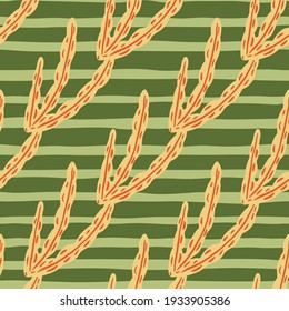 Decoración impecable con formas de algas de color naranja a mano. Fondo de rayas de oliva verde. Perfecto para el diseño de tela, impresión textil, envoltura, cubierta. Ilustración vectorial.
