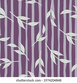Decorative seamless pattern with hand drawn random nordic twig shapes. Purple striped background. Perfect for fabric design, textile print, wrapping, cover. Vector illustration.