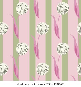 Decorative seamless pattern with hand drawn tulip flowers bud silhouettes. Pink and green striped background. Flat vector print for textile, fabric, giftwrap, wallpapers. Endless illustration.