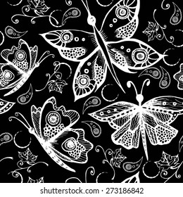 Decorative seamless pattern with hand-drawn butterflies