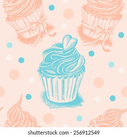 Decorative seamless pattern with hand-drawn cupcakes