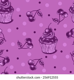 Decorative seamless pattern with hand-drawn cupcakes