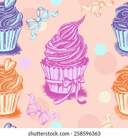 Decorative seamless pattern with hand-drawn cupcakes