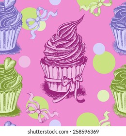 Decorative seamless pattern with hand-drawn cupcakes