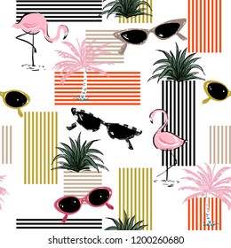 Decorative seamless pattern with hand-drawn flamingo,palm tree, sunglasses. Summer elements with colorful stripes design forfashion,fabric,and all prints on white color background