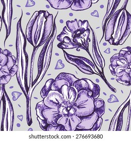 Decorative seamless pattern with hand-drawn flowers