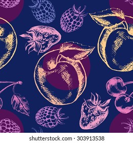 Decorative seamless pattern with hand-drawn fruits and berries