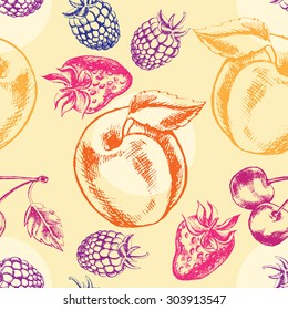 Decorative seamless pattern with hand-drawn fruits and berries