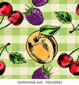 Decorative seamless pattern with hand-drawn fruits and berries