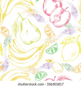 Decorative seamless pattern with hand-drawn fruits