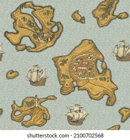 Decorative seamless pattern with hand-drawn islands and old sailboats on a water. Vector illustration in retro style. Childish cartoon background. Suitable for wallpaper, wrapping paper, fabric