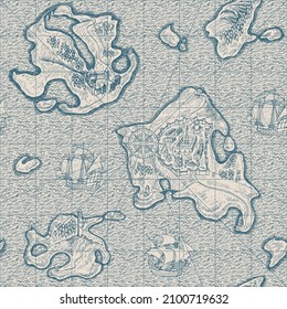 Decorativo patrón sin fisuras con islas dibujadas a mano, barcos viejos y olas de mar en un viejo fondo de papel. Fondo vectorial monocromo en estilo retro. Apropiado para papel de pared, papel de envoltura, tela