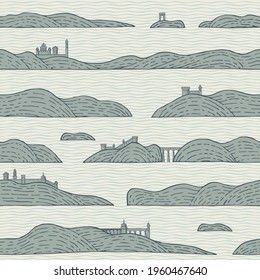 Decorative seamless pattern with hand-drawn old fortresses and islands on a water. Vector illustration in retro style. Suitable for wallpaper, wrapping paper, fabric. Simple cartoon background