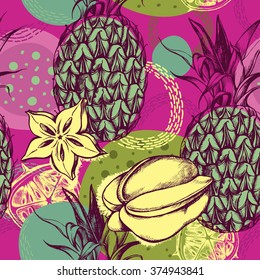 Decorative seamless pattern with hand-drawn pineapple and carambola (starfruit).
