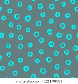 Decorative seamless pattern with handdrawn ring. Hand painted circle in turquoise colours. Seamless abstract pattern. Stylish vector seamless pattern with small chaotic blue ring on gray backdrop. 