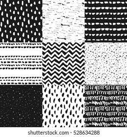 Decorative Seamless Pattern With Handdrawn Shapes. Hand Painted Grungy Black Ink Doodles On White Background. Trendy Endless Texture For Digital Paper, Fabric, Backdrops, Wrapping