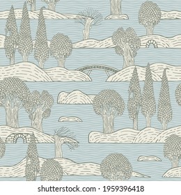Decorative seamless pattern with hand-drawn trees, islands and bridges on the water. Cartoon vector background in retro style. Suitable for childish wallpaper, wrapping paper, fabric, coloring book