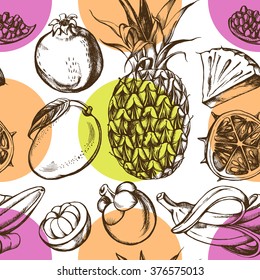 Decorative seamless pattern with hand-drawn tropical fruits