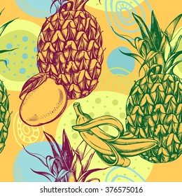 Decorative seamless pattern with hand-drawn tropical fruits -  pineapple, mango, banana.