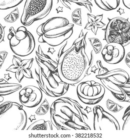 Decorative seamless pattern with hand-drawn tropical fruits