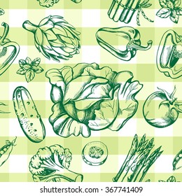 Decorative seamless pattern with hand-drawn vegetables - cabbage, cucumber, artichoke, asparagus, tomato, broccoli, peas and peppers on the Vichy background.